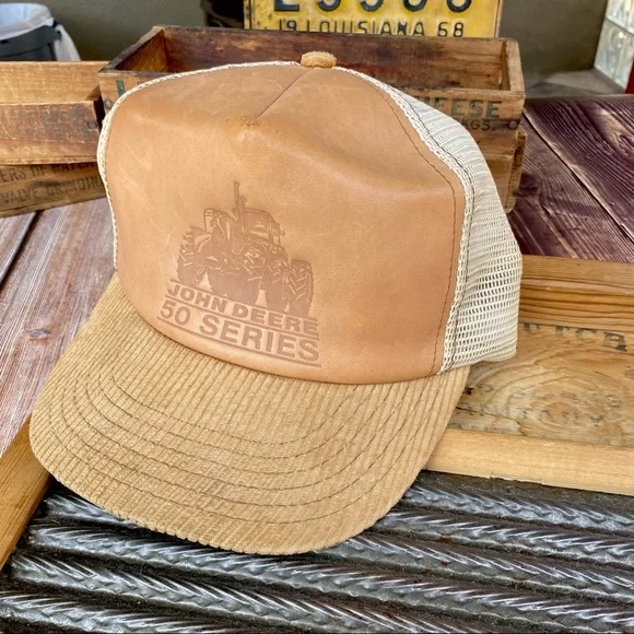 ?✨VINTAGE 80’s JOHN DEERE LEATHER +CORDUROY MESH SNAPBACK TRUCKER HAT O/S Vintage John Deere Hat • 80s 90s Snapback Trucker Cap  main image 4